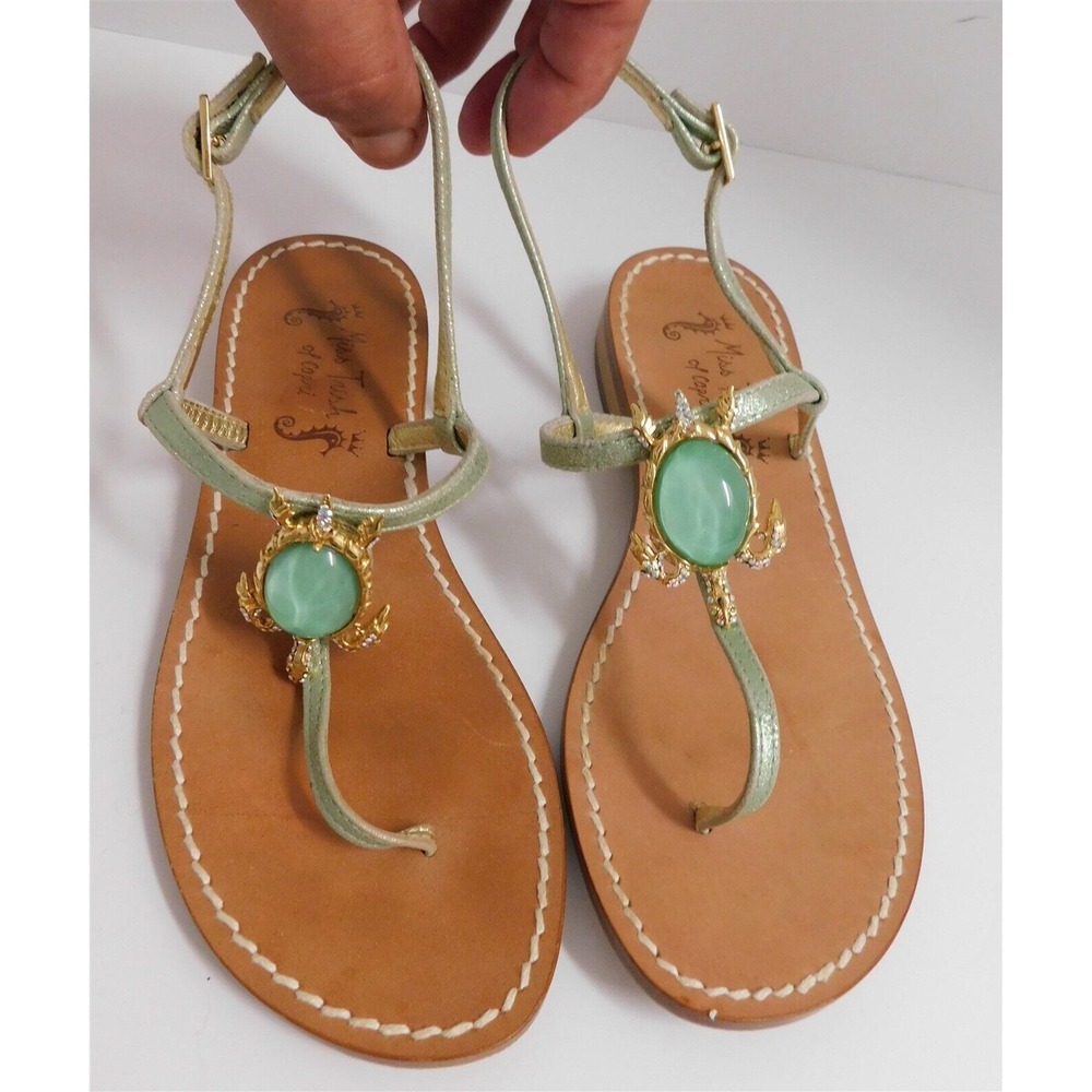 Miss Trish of‎ Capri Jeweled Turtle Green Metallic Leather Flat Sandals 35.5